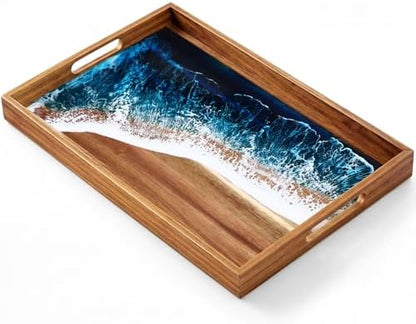 Novabright Rectangular Acacia Wood Serving Tray with Ocean Resin Art