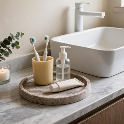 Round Marble Vanity Tray, Gray Travertine,Natural Marble Stone