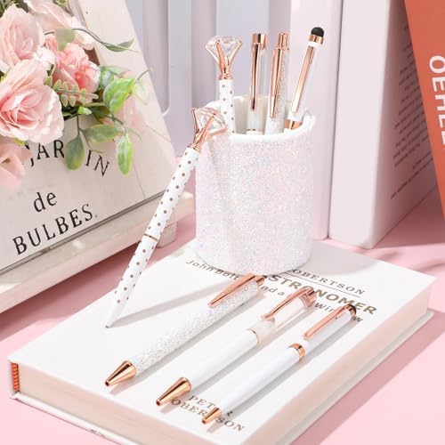 Sabary 8 Pcs White Diamond Pens with Glitter Desk Pen Holder for Women