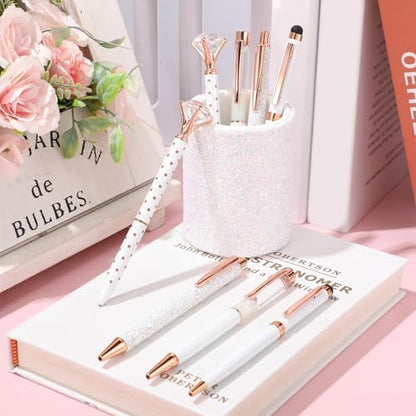 Sabary 8 Pcs White Diamond Pens with Glitter Desk Pen Holder for Women