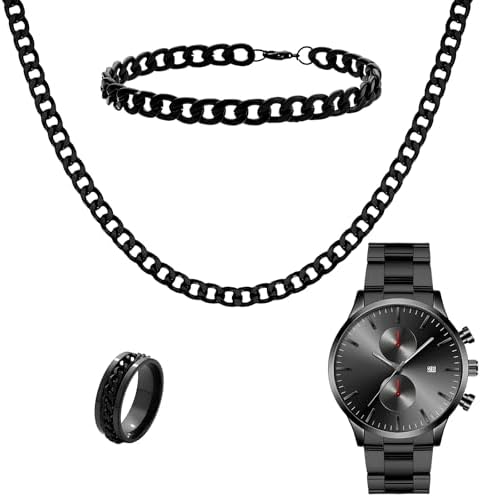 NEWITIN 4 Pieces Black Jewelry Set for Men Stainless Steel Watch