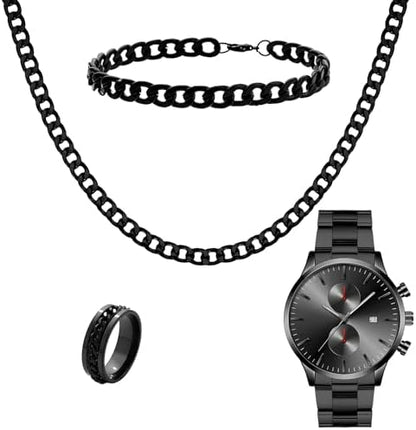 NEWITIN 4 Pieces Black Jewelry Set for Men Stainless Steel Watch