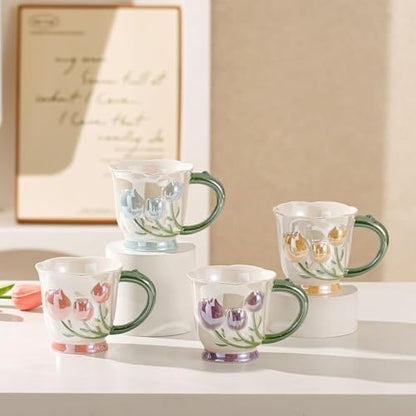 14oz 3D Embossed Floral Ceramic Coffee Mug with Matching Spoon & Gift