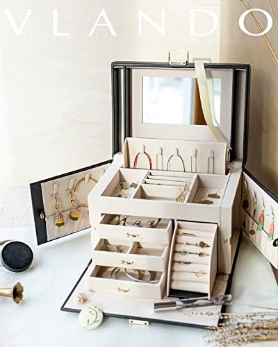 VLANDO Jewelry Boxes for Women with Mirror and 3 Drawers,Black