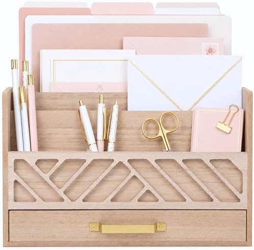 BLU MONACO | Wooden Mail Organizer with Drawer and Gold Handle