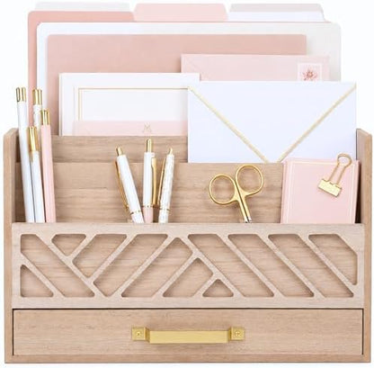 BLU MONACO | Wooden Mail Organizer with Drawer and Gold Handle