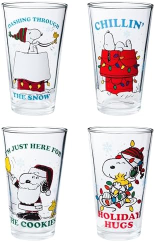 Silver Buffalo Peanuts Snoopy Holiday Boxed Set, 4pc Pint Glass Set