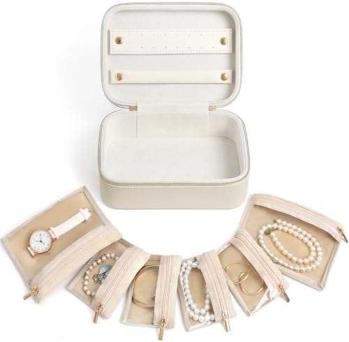 Genuine Leather Travel Jewelry Organizer Case with 6 Zipper Bags for