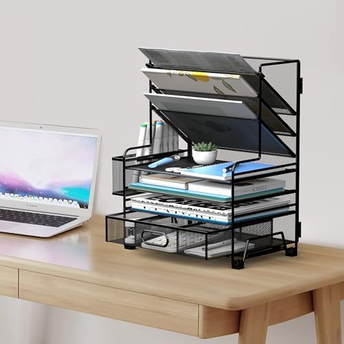 MINDEPOT 4-Tier Paper Organizer + 3-Pocket File Holder + Drawer + Pen