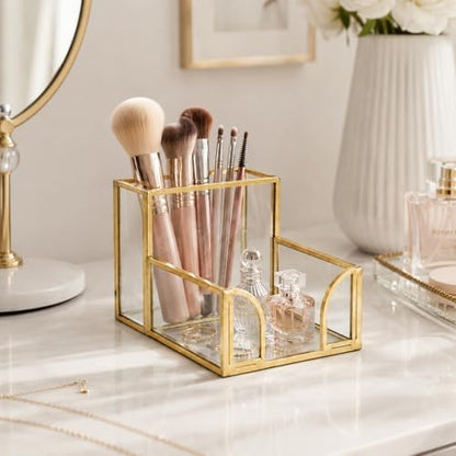 Feyarl Gold Glass Note Holder with Pen Pencil Cup 3x3 Inch Sticky