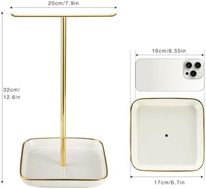 Jewelry Holder Stand with Ceramic Base: 12" Tall Necklace Organizer