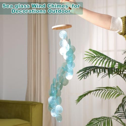 Wenqik Sea Glass Shell Wind Chimes for Outside Capiz Spiral, Blue