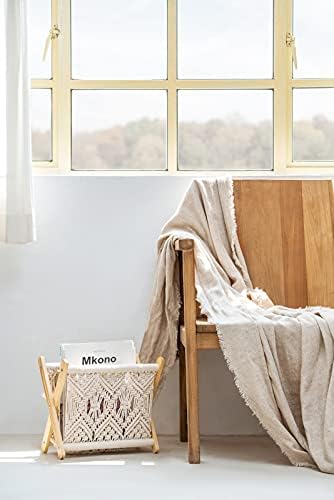 Mkono Macrame Magazine Holder, Boho Woven Book Rack Basket, 14" L x