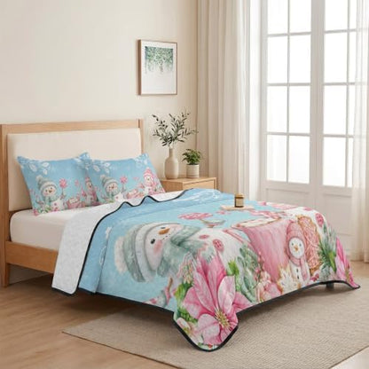 Christmas Quilt Set Twin Size 3 Pieces Quilted Bedspread Soft, Pink
