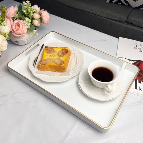 White Decorative Tray, Rectangular Serving Trays with Handles,Ottoman