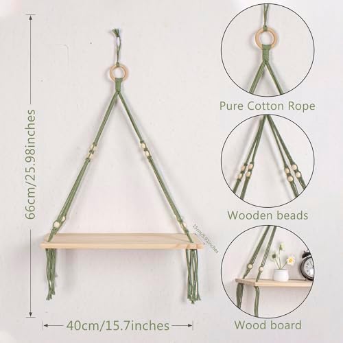 HVEST Green Hanging Shelf Set of 2, Boho Wall Decor, Floating Shelves