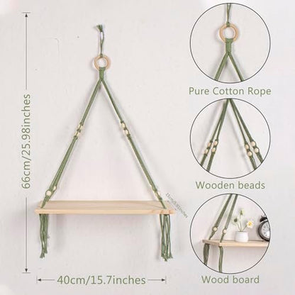 HVEST Green Hanging Shelf Set of 2, Boho Wall Decor, Floating Shelves