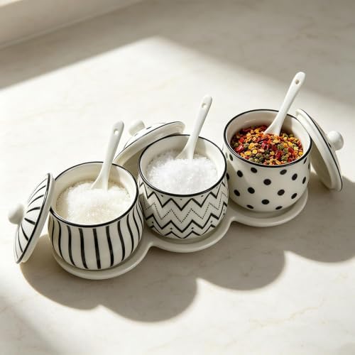 Salt and Sugar Container Set,3 Piece Black Ceramic Spice Canisters for