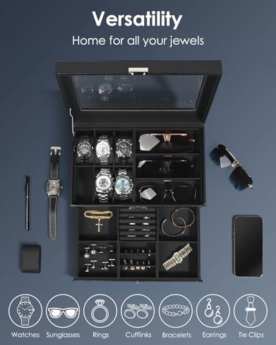 Kukikan Mens Jewelry Box Organizer, 6 Watch Slots & 3 Sunglasses -All