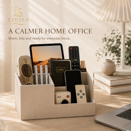 Pen Holder for Desk, 4-Compartment PU Leather Desk Organizer, Beige