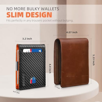 RUNBOX Slim Wallet for Men - RFID Blocking Leather Bifold with Money