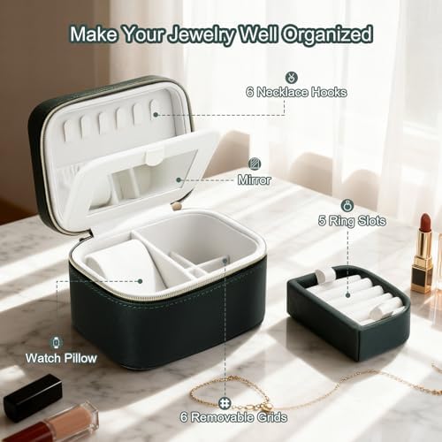 DesignSter Travel Jewelry Case,Small Jewelry Box with Mirror,Leather