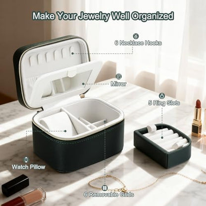 DesignSter Travel Jewelry Case,Small Jewelry Box with Mirror,Leather