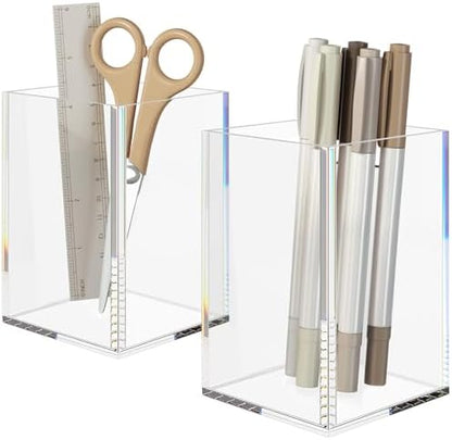 NIUBEE Acrylic Pen Holder for Desk, Clear Pencil Cup Organizer 2 Packs