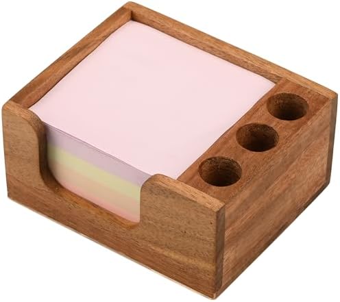 Acacia Wood Sticky Note Holder with 3 Pen Holders, 3x3 Post It Note