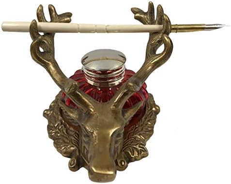 6-1/2" Antiqued Solid Brass Stag Inkwell Stand/Pen Holder Set