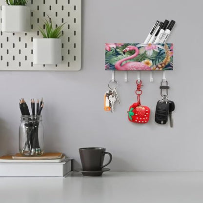 Flamingo Floral Pattern Key Holder Wall Mount PU Leather Adhesive Key