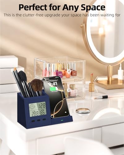 Desk Organizer with Wireless Charger, Digital Clock, Thermometer &