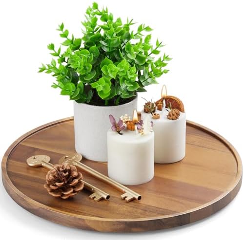 12 Inch Acacia Wood Round Tray, Wooden Decorative Bathroom Coffee