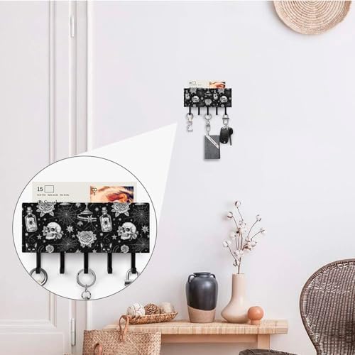 Luxury Leather Wall Mounted Key Hooks Black Cat Rose Skull Goth, Mail