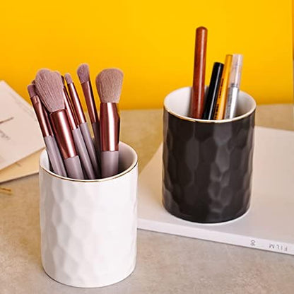 WHJY Ceramic White Pencil Cup, Makeup brushes Holder, Gold Pen Holder