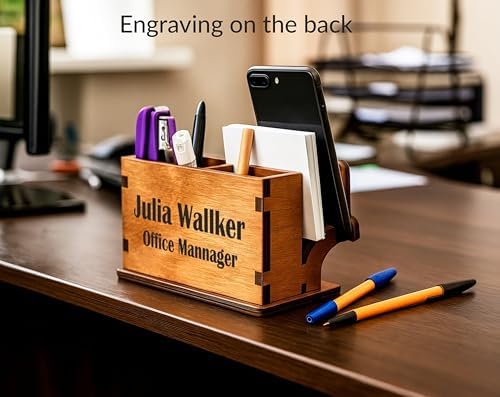 Personalized Wooden Pen Holder for Desk with Cell Phone Holder Wood