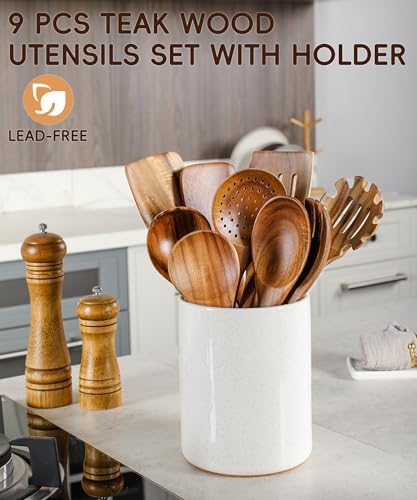 Wooden Cooking Utensils Set with Ceramic Holder,Teak Wood Utensils
