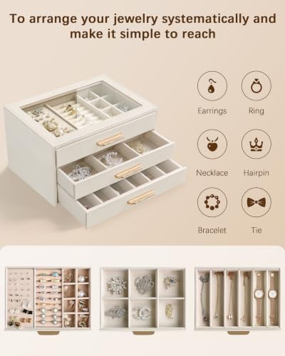 Homeanda Jewelry Boxes Organizer with Glass Lid, 3-Layer PU Leather