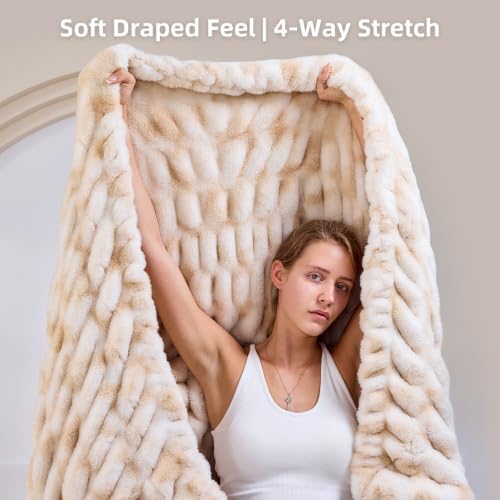 Double Sided Ruched Faux Rabbit Fur Throw Blanket,50x60 CaramelCream