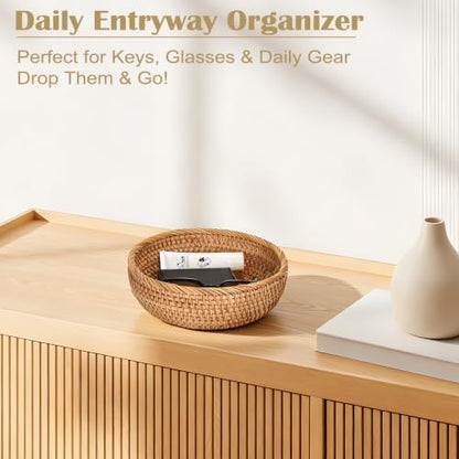 BTSKY 9.3" Round Rattan Remote Basket, Wicker Tray, Key Bowl for Home
