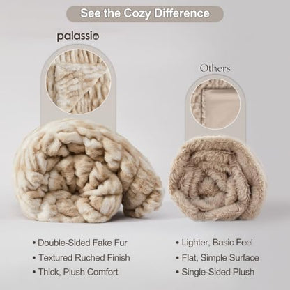 palassio Double-Sided Ruched Faux Fur Throw Blanket, Oatmeal, 50" x