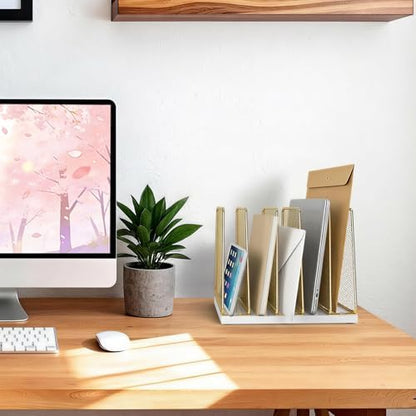LEKETREE Gold Desk File Organizer, 5-Section Upright File Sorter