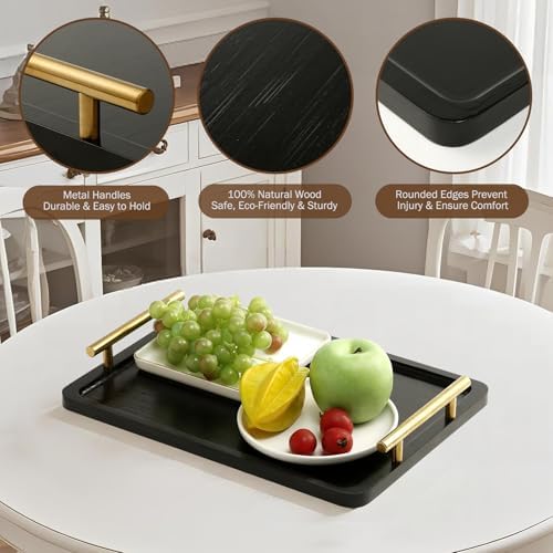 PEKER Wooden Serving Tray with Metal Handles, Black Decorative Coffee