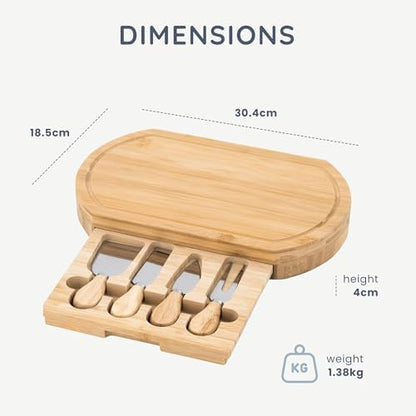 CUQOO Oak Wooden Cheese Board Set with 4 Knives Slide Out Drawer