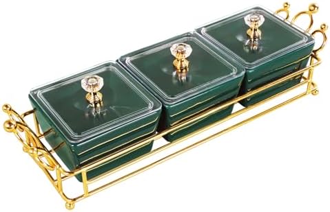 YA JU Ceramic Bowls and with Lid Gold Basket Trays, 3 Removable Small