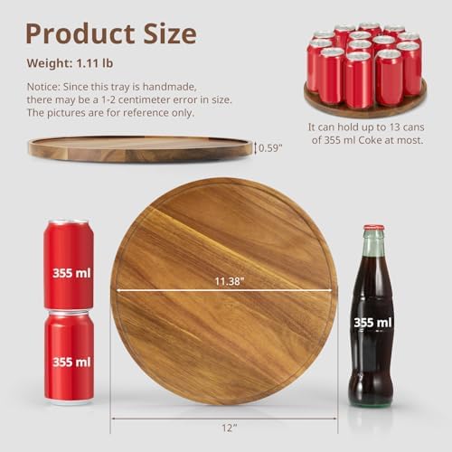 12 Inch Acacia Wood Round Tray, Wooden Decorative Bathroom Coffee