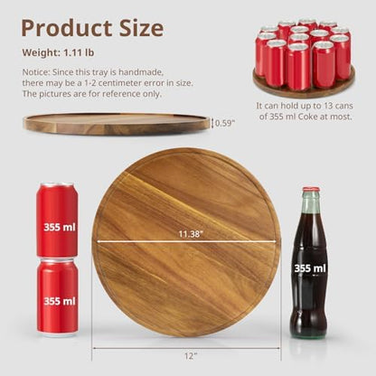 12 Inch Acacia Wood Round Tray, Wooden Decorative Bathroom Coffee