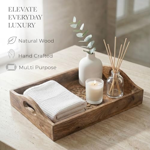 Ajuny Wooden Serving Trays Set of 3 with Handles, Hand Carved Flower