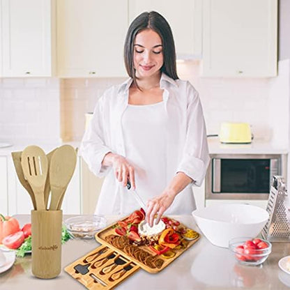 Cheese Board Natural Bamboo Platter with Knife and Forks Set with