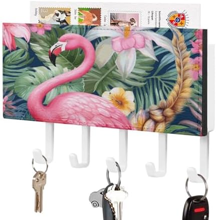 Flamingo Floral Pattern Key Holder Wall Mount PU Leather Adhesive Key